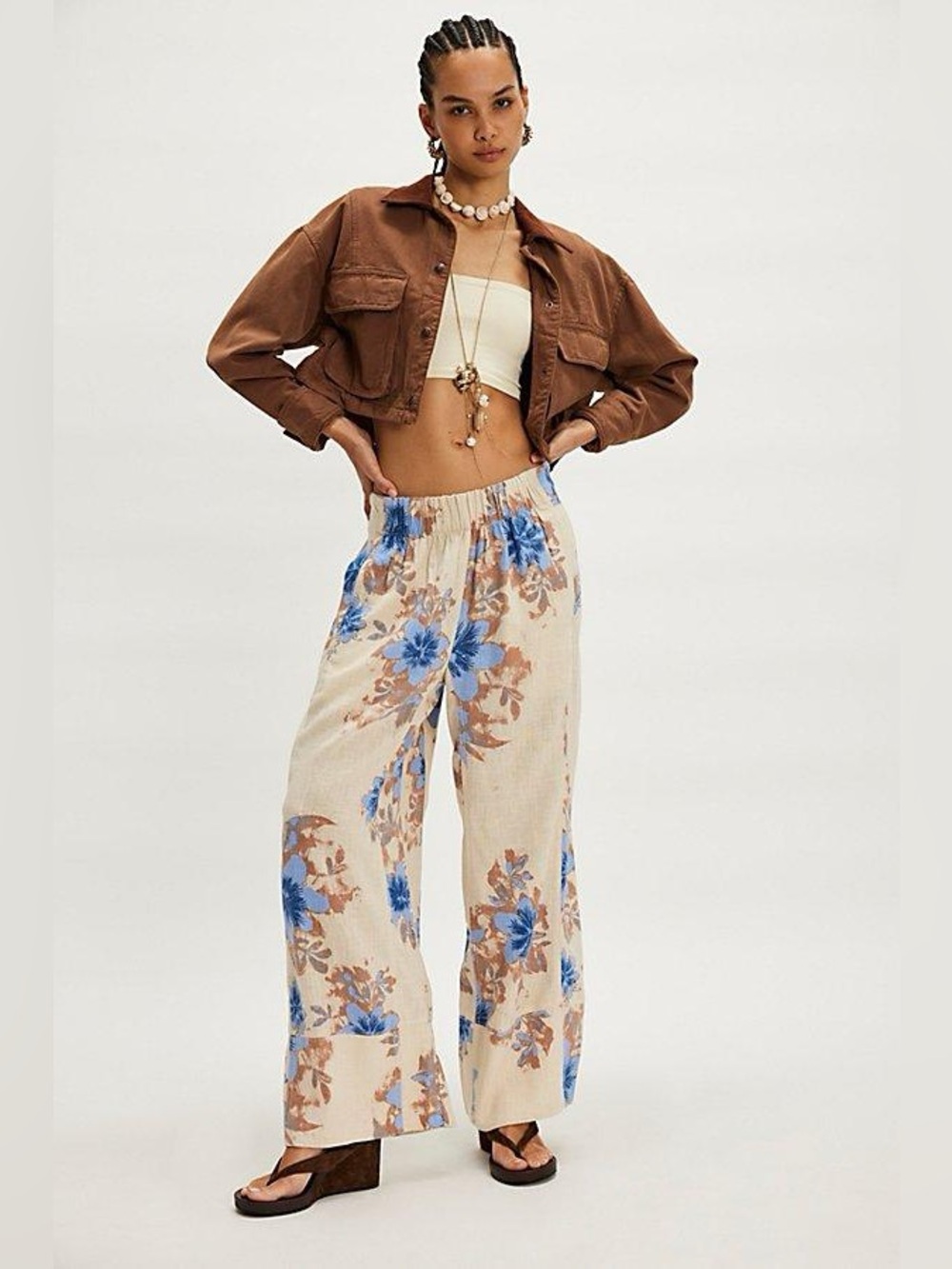 NWOT FREE PEOPLE Day's End Linen Printed Pull-On Pants | Ivory Combo-Floral $98